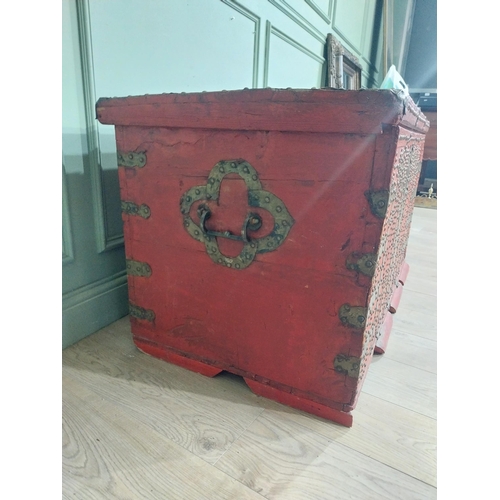 163 - 19th C. Painted pine brass bound marriage chest. {66 cm H x 115 cm W x 66 cm D}.