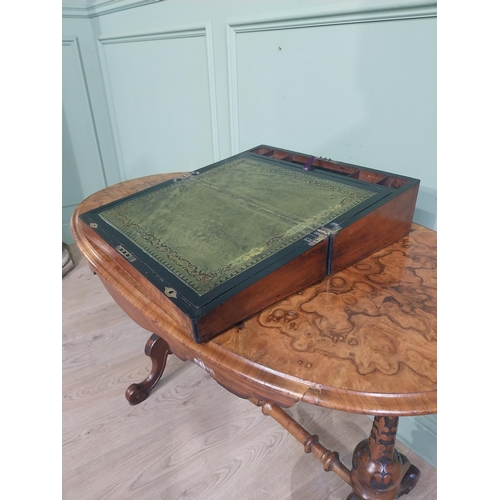 168 - Victorian burr walnut writing slope with tooled leather top. {15 cm H x 45 cm W x 25 cm D}.