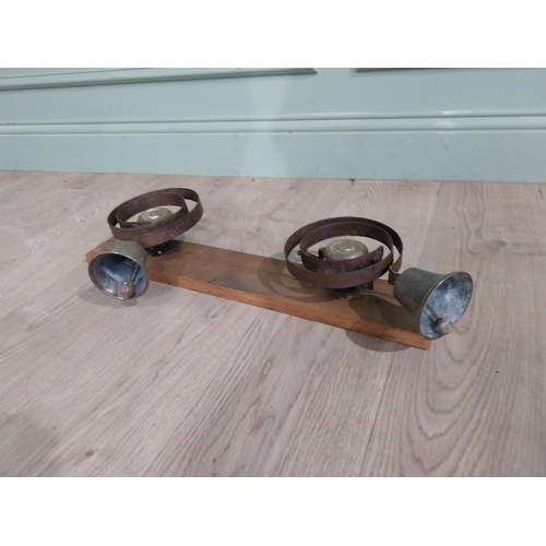 170 - Two 19th C. House bells mounted on oak plaque. {25 cm H x 60 cm W x 14 cm D}.