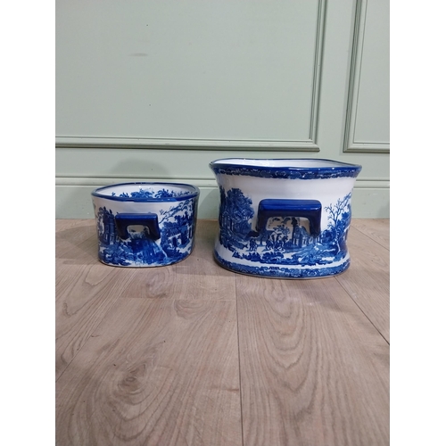 171 - Two blue and white ceramic foot baths. {21 cm H x 47 cm W x 32 cm D} and {14 cm H x 25 cm W x 22 cm ... 