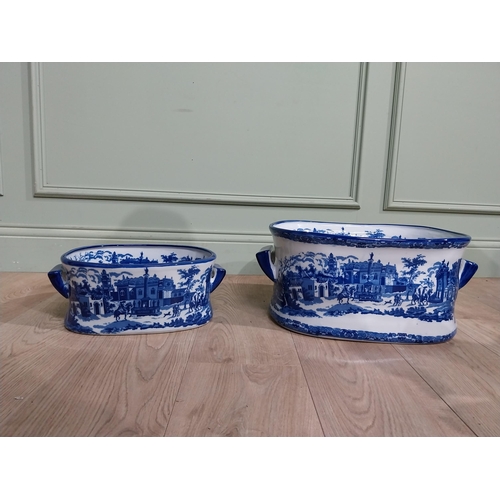 171 - Two blue and white ceramic foot baths. {21 cm H x 47 cm W x 32 cm D} and {14 cm H x 25 cm W x 22 cm ... 