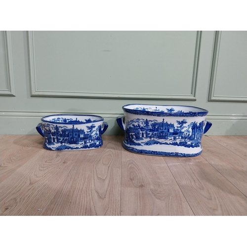 171 - Two blue and white ceramic foot baths. {21 cm H x 47 cm W x 32 cm D} and {14 cm H x 25 cm W x 22 cm ... 