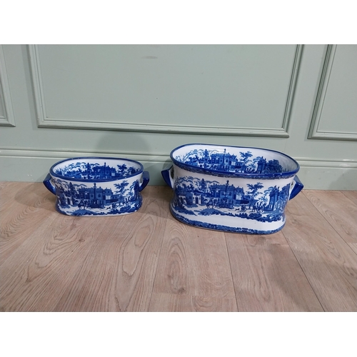 171 - Two blue and white ceramic foot baths. {21 cm H x 47 cm W x 32 cm D} and {14 cm H x 25 cm W x 22 cm ... 