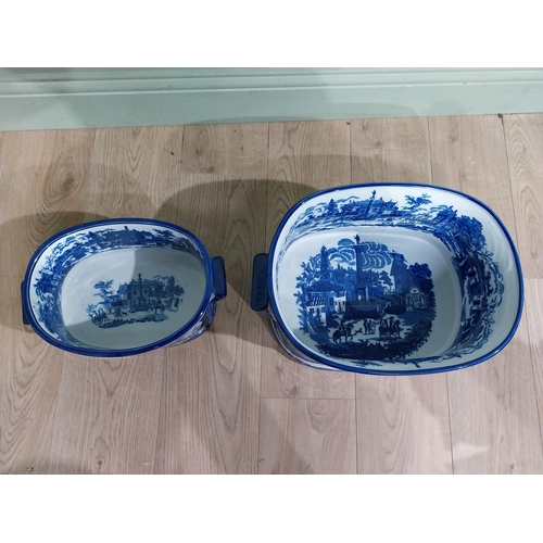 171 - Two blue and white ceramic foot baths. {21 cm H x 47 cm W x 32 cm D} and {14 cm H x 25 cm W x 22 cm ... 