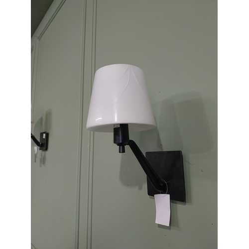 172 - Pair of bronze wall lights with opaline glass shades. {33 cm H x 18 cm W x 26 cm D}.