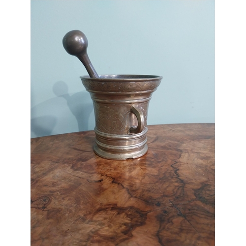 173 - 19th C. Bronze mortar and pestle. {12 cm H x 13 cm Dia.}.