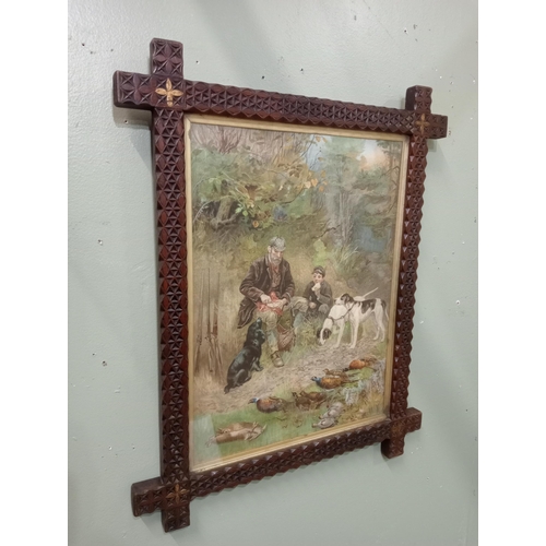 174 - Hunting lithograph print in oak frame. {H 70cm x W 56cm x D 2cm}. NOT AVAILABLE TO VIEW IN PERSON.