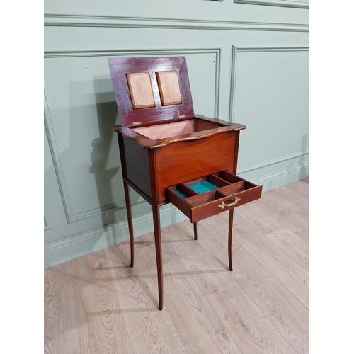 189 - Edwardian mahogany work table with lift up lid and single drawer on square legs. {77 cm H x 47 cm W ... 