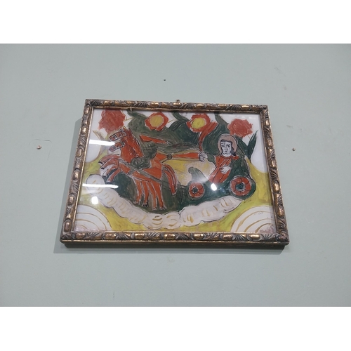 19 - 19th C. Chariot and Horse Scene painted on glass mounted in gilt frame. {20 cm H x 26 cm W}