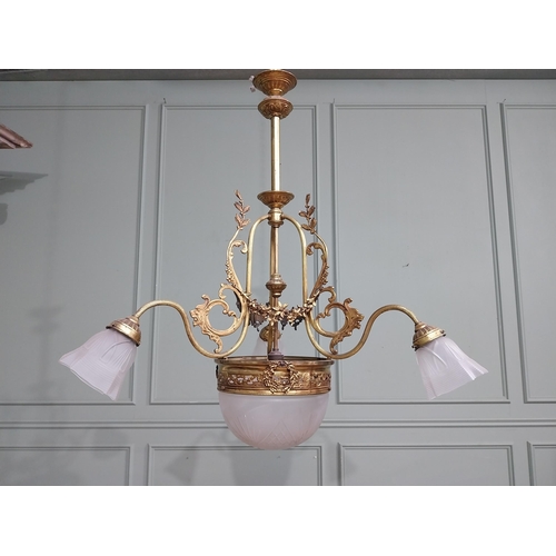 194 - 19th C. French gilded brass hanging chandelier with cut glass frosted shades. {90 cm H x 80 cm Dia.}... 