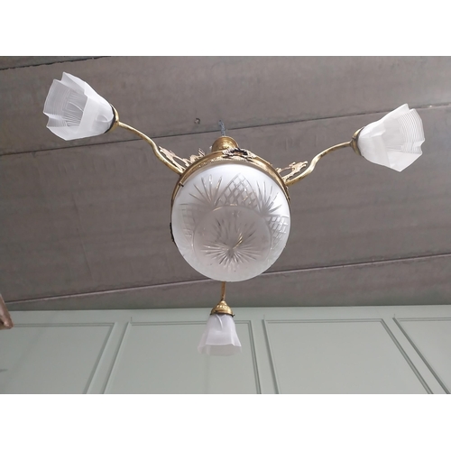 194 - 19th C. French gilded brass hanging chandelier with cut glass frosted shades. {90 cm H x 80 cm Dia.}... 