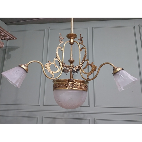 194 - 19th C. French gilded brass hanging chandelier with cut glass frosted shades. {90 cm H x 80 cm Dia.}... 