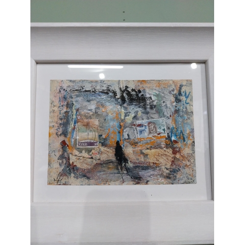 203 - John Kingerlee Abstract Landscape Oil on board mounted in white frame. {28 cm H x 33 cm W}.