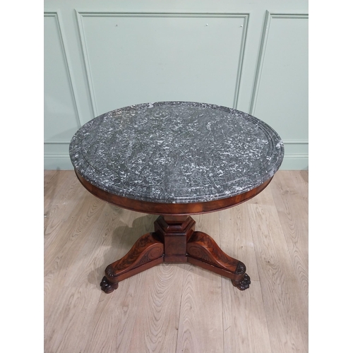 205 - Good quality William IV French mahogany centre table with marble top on turned column and three carv... 