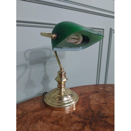 210 - Brass banker�s lamp with green glass shade. {32 cm H x 27 cm W  x 21 cm D}.