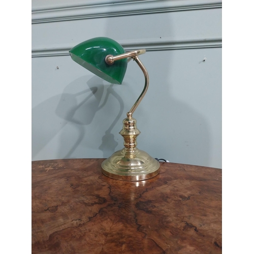 210 - Brass banker�s lamp with green glass shade. {32 cm H x 27 cm W  x 21 cm D}.