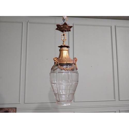 211 - 19th C. French gilded brass and glass hanging lantern decorated with swags and rams head. {58 cm H x... 