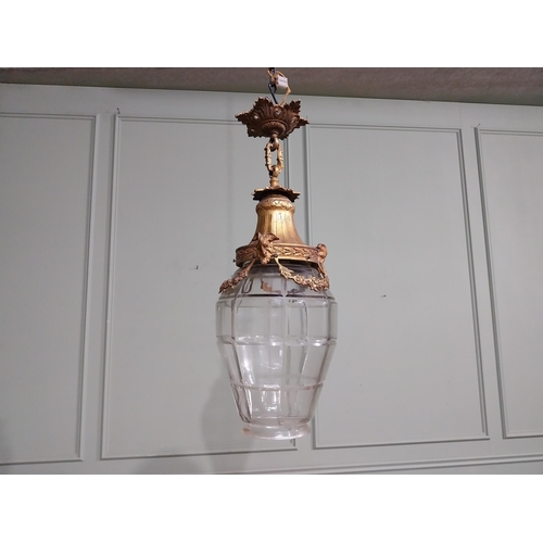 211 - 19th C. French gilded brass and glass hanging lantern decorated with swags and rams head. {58 cm H x... 