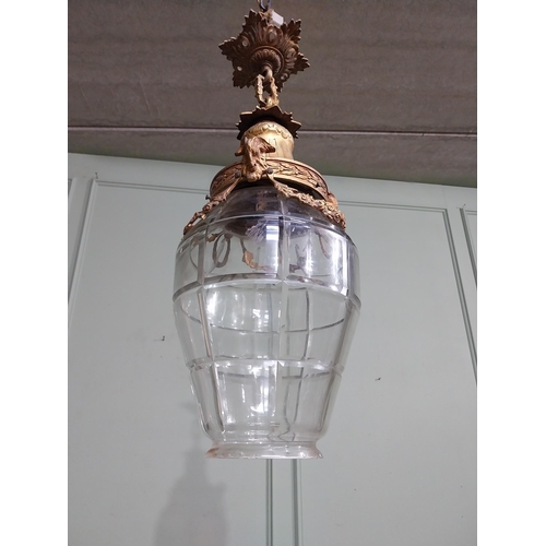 211 - 19th C. French gilded brass and glass hanging lantern decorated with swags and rams head. {58 cm H x... 