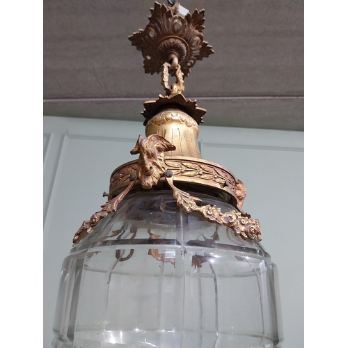 211 - 19th C. French gilded brass and glass hanging lantern decorated with swags and rams head. {58 cm H x... 