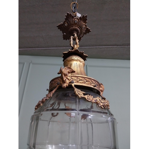 211 - 19th C. French gilded brass and glass hanging lantern decorated with swags and rams head. {58 cm H x... 