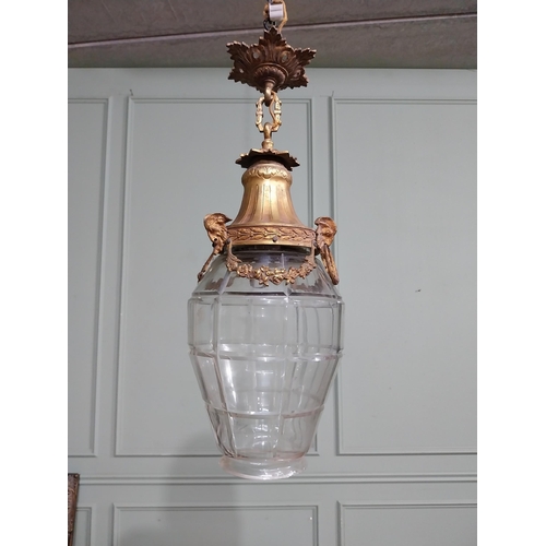 211 - 19th C. French gilded brass and glass hanging lantern decorated with swags and rams head. {58 cm H x... 