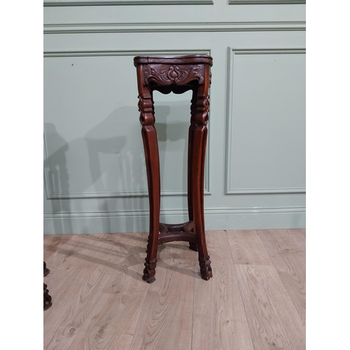 213 - Pair of carved hardwood oriental jardiniere stands with marble tops. {93 cm H x 30 cm W x 30 cm D}.