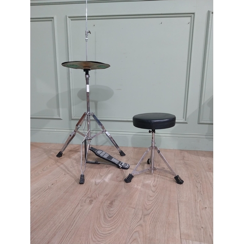 214 - Cymbal on stand with stool and set of Bongo drums .