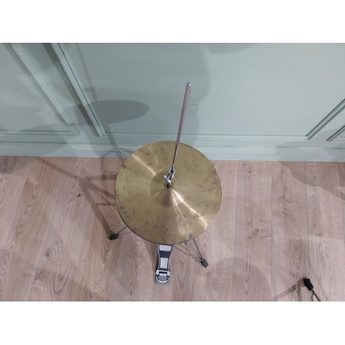 214 - Cymbal on stand with stool and set of Bongo drums .