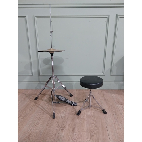 214 - Cymbal on stand with stool and set of Bongo drums .