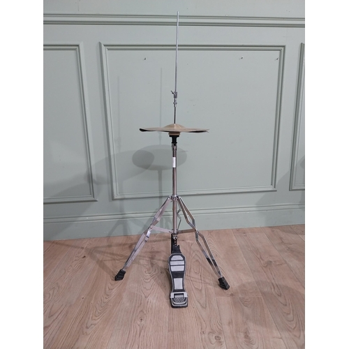 214 - Cymbal on stand with stool and set of Bongo drums .