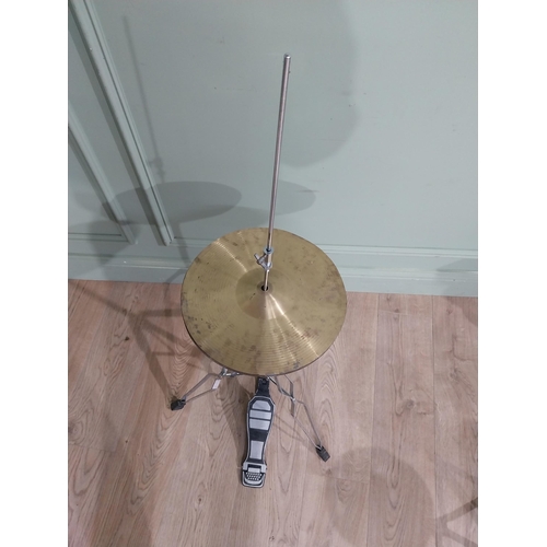 214 - Cymbal on stand with stool and set of Bongo drums .