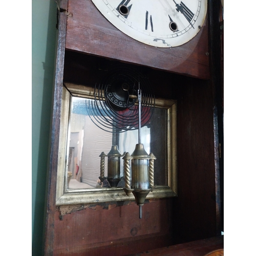 218 - Victorian walnut and satinwood inlaid wall clock with painted dial. {83 cm H x 40 cm W x 14 cm D}