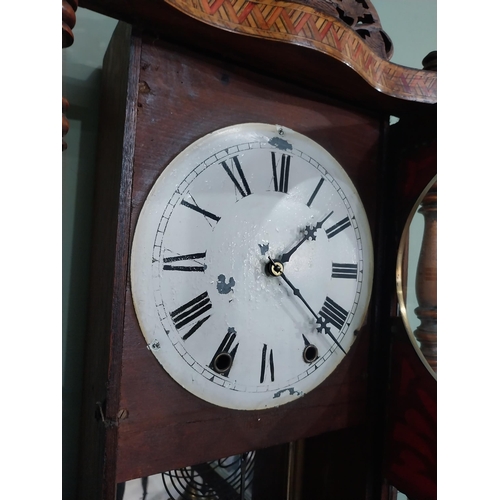 218 - Victorian walnut and satinwood inlaid wall clock with painted dial. {83 cm H x 40 cm W x 14 cm D}