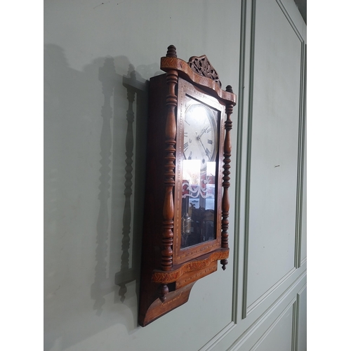 218 - Victorian walnut and satinwood inlaid wall clock with painted dial. {83 cm H x 40 cm W x 14 cm D}