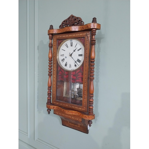 218 - Victorian walnut and satinwood inlaid wall clock with painted dial. {83 cm H x 40 cm W x 14 cm D}