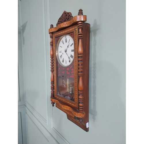 218 - Victorian walnut and satinwood inlaid wall clock with painted dial. {83 cm H x 40 cm W x 14 cm D}