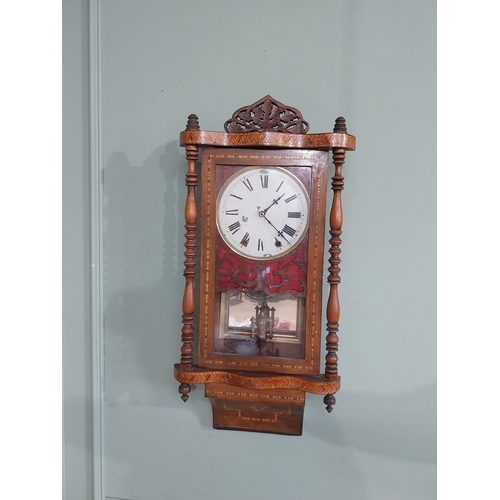 218 - Victorian walnut and satinwood inlaid wall clock with painted dial. {83 cm H x 40 cm W x 14 cm D}