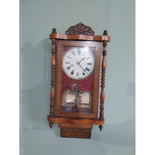 218 - Victorian walnut and satinwood inlaid wall clock with painted dial. {83 cm H x 40 cm W x 14 cm D}