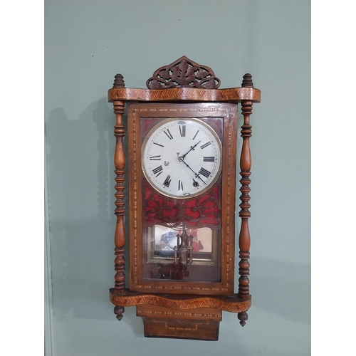 218 - Victorian walnut and satinwood inlaid wall clock with painted dial. {83 cm H x 40 cm W x 14 cm D}