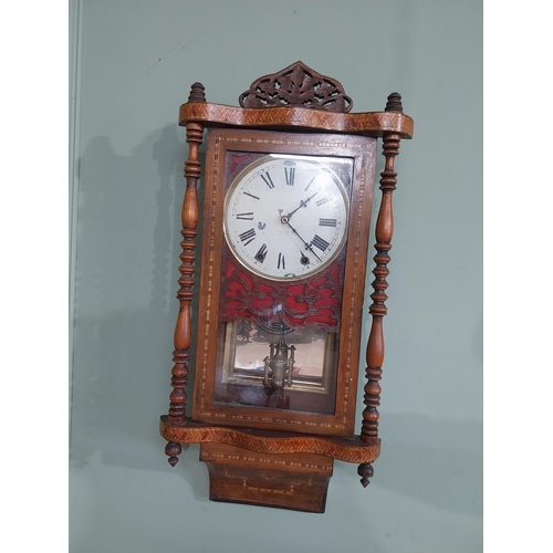 218 - Victorian walnut and satinwood inlaid wall clock with painted dial. {83 cm H x 40 cm W x 14 cm D}