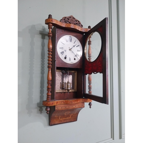 218 - Victorian walnut and satinwood inlaid wall clock with painted dial. {83 cm H x 40 cm W x 14 cm D}