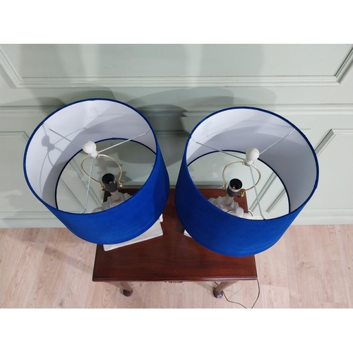 22 - Pair of vintage style painted table lamps with blue cloth shades. {68 cm H x 33 cm Dia.}.