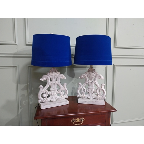 22 - Pair of vintage style painted table lamps with blue cloth shades. {68 cm H x 33 cm Dia.}.