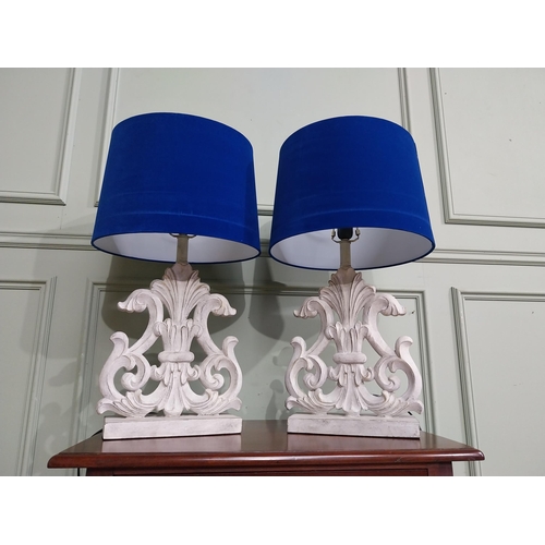 22 - Pair of vintage style painted table lamps with blue cloth shades. {68 cm H x 33 cm Dia.}.