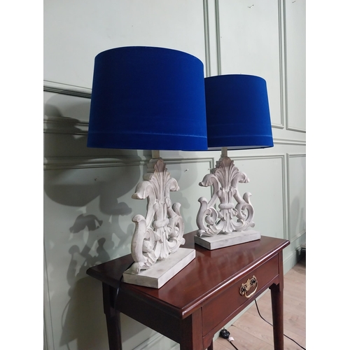 22 - Pair of vintage style painted table lamps with blue cloth shades. {68 cm H x 33 cm Dia.}.