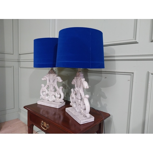 22 - Pair of vintage style painted table lamps with blue cloth shades. {68 cm H x 33 cm Dia.}.