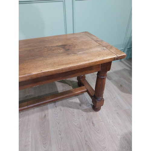 223 - Good quality oak country house kitchen table on turned legs with single stretcher. {74 cm H x 240 cm... 