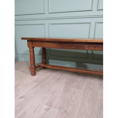 223 - Good quality oak country house kitchen table on turned legs with single stretcher. {74 cm H x 240 cm... 