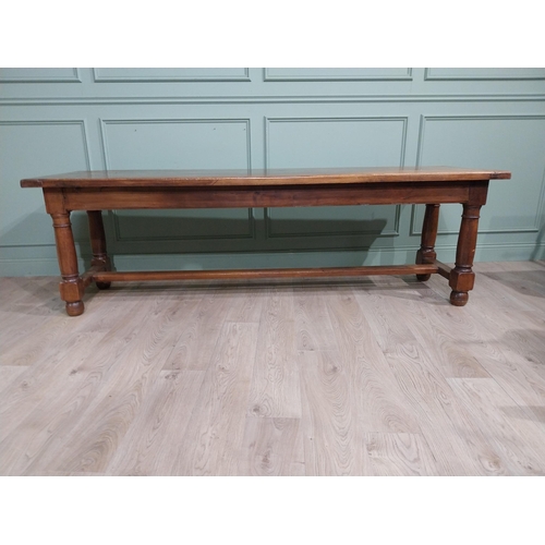 223 - Good quality oak country house kitchen table on turned legs with single stretcher. {74 cm H x 240 cm... 